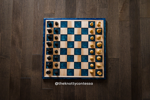 The Grandmaster Reversible Chess / Checkers Board - Maple / Black Walnut / Star Blue Green Epoxy - CGM-SBG-001