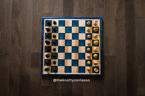 The Grandmaster Reversible Chess / Checkers Board - Maple / Black Walnut / Star Blue Green Epoxy - CGM-SBG-001